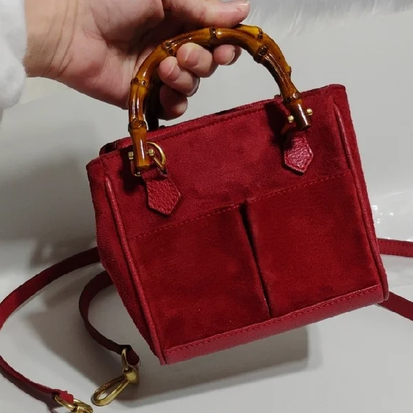 SALE! Gucci Red Suede Mini Satchel Handbag/Shoulder Bag W Bamboo Handles & Strap - Picture 16 of 16